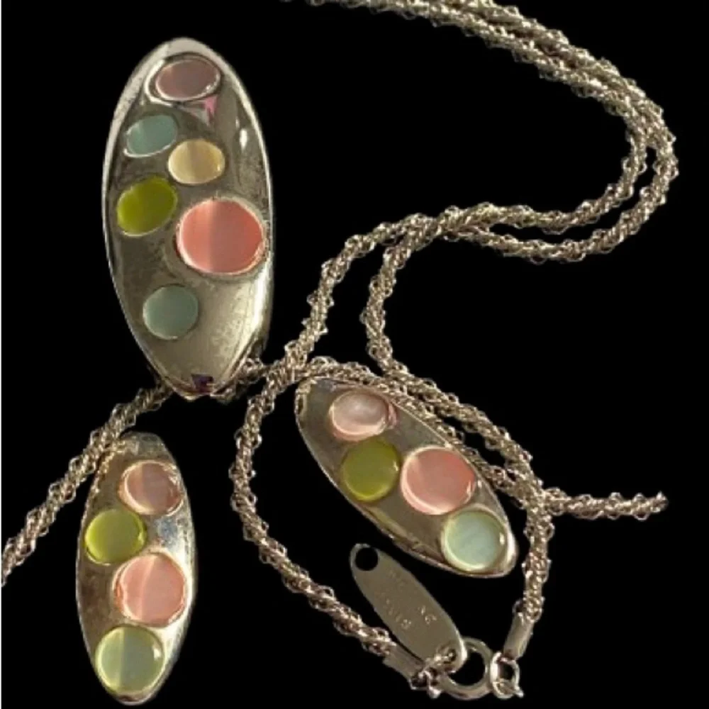 Rare! Vintage Whiting Davis Silver Earrings Pendant & Intricately Woven Chain Se